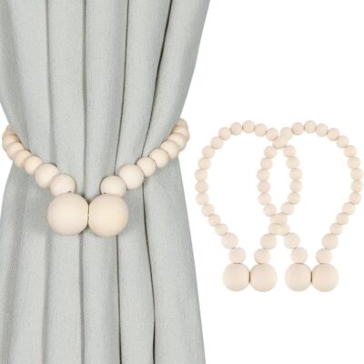 LENND Magnetic Curtain Tiebacks, Curtain Tie Backs for Curtains 2 Pack, Wood Bead Curtain Tiebacks, Curtain Holders for Boho Bedroom Decor, Baby Nursery Decor, Farmhouse Decor