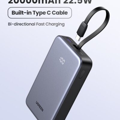 Ugreen 20000 mAh Power Bank Built-in USB Type C Cable 20W Fast Charging Output Portable Charger 2C1A Multi Ports Battery Pack Supports SCP PPS PD For iPhone 16 15 Pro Max Galaxy S24 S23 Ultra Xiaomi Huawei Grey