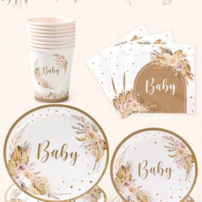 40pcs/Set Oh Ba By Theme Disposable Tableware Set, Eucalyptus Leaves Style Paper Cutlery, For Birthday Decor, Babe Shower Decor Gender Reveal Decor Kitchen Decor, Birthday Gifts, Party Decor, Including 8pcs 7inch & 9inch Paper Plates Food Container, Kitchen Food Tray Cake Tray & 16pcs Napkins & 8pcs Cups, Party Favor, Party Tableware Set Supplies |
