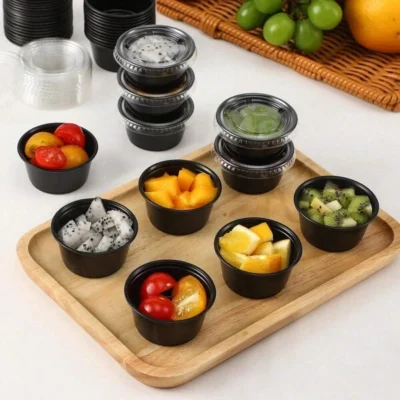 100sets Black Plastic Portion Cups, 1oz/2oz/4oz With Lids, Leak-Proof Salad Sauce Cups, Jello Cups, Suitable For Party, Travel And Kitchen Use