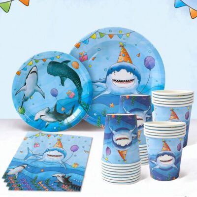 40pcs/Set Marine Shark Theme Disposable Tableware Set, Underwater World Blue Shark Party Decoration Birthday Decoration Disposable Tableware, Birthday Gift Party Favor, Summer Pool Party Disposable Food Container, Kitchen Food Tray Cake Tray Disposable Plates, Babe Shower Decor, Party Beverage Cup Water Cup |