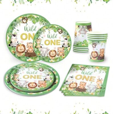 40pcs/Set Jungle Animal Theme 1st Birthday Party Decorative Disposable Tableware, One Years Old Party Decoration 1st Birthday Decoration Disposable Tableware, Birthday Gift Party Favor Disposable Food Container, Kitchen Food Tray Cake Tray