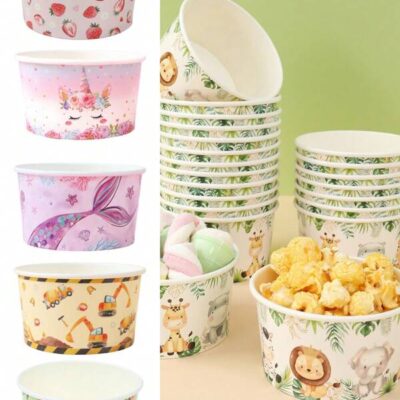 10Pcs 8oz Disposable Paper Bowl, Jungle Animal /Unicorn/Mermaid /Engineering Vehicle/ Strawberry Theme Party Tableware Supplies, Ice Cream Cups, Popcorn Box, Food Containers, For Home Kitchen Restaurant Takeaway Picnic Party, Kitchen Supplies, Food Packaging Stuff, Disposable Bowls, Birthday Party Tableware, Leakproof, Suitable For Lunches, BBQs, Holiday Parties Decor, Food Delivery And Daily Use, Disposable Tableware |