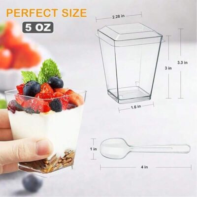 25/50/100/200Pcs, 5 Oz Plastic Clear Square Parfait Cups With Spoons, Party Small Serving Dessert Bowls For Appetizers, Puddings, Mousse, Yogurt, Parfait Ice Cream |