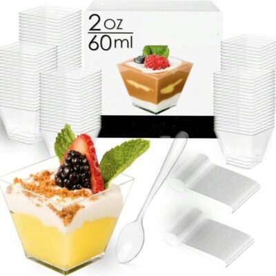Mini Dessert Cups, 25pcs/50pcs/100pcs 2oz/60ml Clear Plastic Parfait Appetizer Cups With Spoons Mini Square Dessert Bowls For Serving, Tasting |