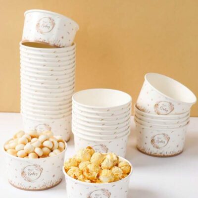 10pcs Floral Pattern 8oz Disposable Paper Bowls, Babe Shower Gender Reveal Birthday Party Paper Tableware Supplies, Flowers Printed White Paper Bowls Trays, Paper Ice Cream Cups, Popcorn Box, Food Containers |