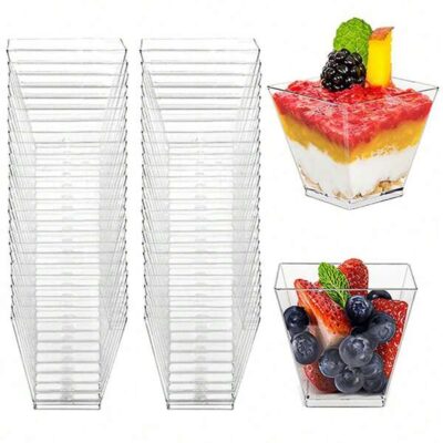 50pcs Transparent Dessert Cups And 50pcs Square Jelly Cups With Spoons, Reusable Mini Dessert Cups, Party Supplies, Mousse Cake Cups, Pudding Cups, Party Supplies, Outdoor Travel And Picnics