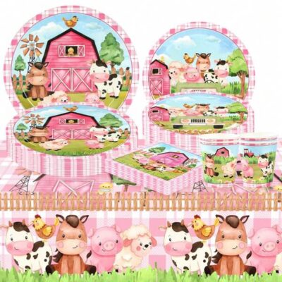 41pcs/Set Farm Animal Disposable Tableware Set, Animal Farm Pattern Tableware, Farm Animal Theme Birthday Holiday Party Decoration Tableware Supplies, Party Food Containers Food Trays, Kitchen Dining Room Decorations, Outdoor Camping Picnic Tableware Supplies, Includes 8pcs 7&9 Inch Paper Plates & 16pcs Napkins & 8pcs Cups & 1pc Tablecloths, Party Favors Tableware Set Supplies |