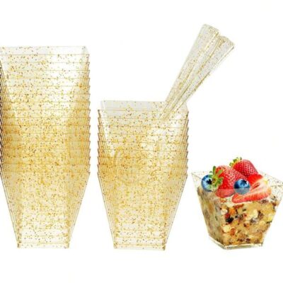 150/100/25/10 Pack Gold Glitter Square Dessert Cups, Mini Plastic Parfait Appetizer Cups With Spoons,Shooter Serving Cups For Wedding Party Events, Appetizers, Tasting Party, Snacks, Parfait (2 Oz) |