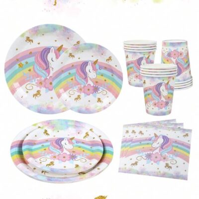 Unicorn Theme Party Disposable Paper Tableware, Rainbow Unicorn Paper Cutlery, Suitable For Unicorn Theme Birthday Decor, Birthday Gifts, Party Decor, Home Decor, Party Favor, Kitchen Decor, Table Decor, Including 8pcs 7inch&9inch Unicorn Disposable Paper Plates Food Container, Kitchen Food Tray Cake Tray & 8pcs Pink Unicorn Paper Cups & 16pcs Unicorn Napkins, Holiday Event Party Decoration Supplies Set, Unicorn Decoration |