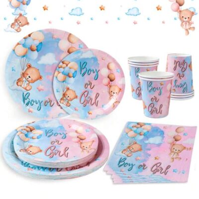 Gender Revealing Party Decorative Disposable Tableware, Blue Pink Teddy Bear Party Decoration 1st Birthday Decoration Disposable Tableware, Birthday Gift Party Favor Disposable Food Container, Kitchen Food Tray Cake Tray |