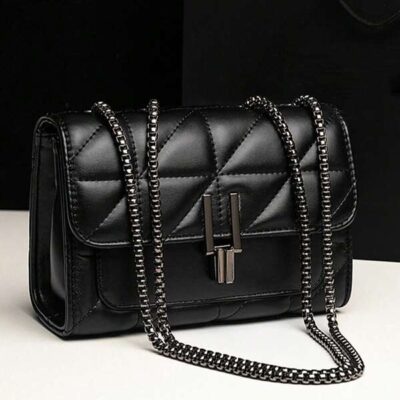 Elegant Women's Shoulder Bag With Chain Strap, Quilted PU Leather Crossbody Bag, Luxury Simple Underarm Messenger Bag With Zipper Closure, Plaid Pattern, Hand Washable - Polyester Lined