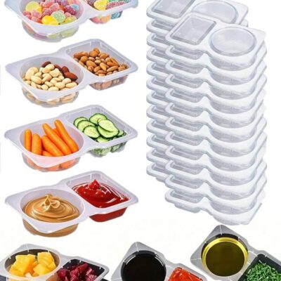 20pcs Portable Dual Compartment Condiment Containers - Reusable Plastic Sauce And Dip Trays, Multi-Function Dip Cups With Lids, Salad Sauce Take-Out Containers, Seasoning Boxes With Dual Compartments, Dual Compartment Snack Containers For Take-Out Sauces, Back To School, Halloween, Travel Snacks And Sauces, Beach Snacks, Christmas, Halloween, Mother's Day, 4th Of July, Parties, Birthday Parties, Gatherings