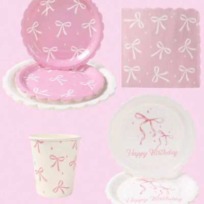 40pcs/Set Pink Bow Theme Tableware Set, Cute Pink Bow Birthday Party Tableware Decorations, Pink Bow Theme Party Disposable Food Containers, Holiday Celebration Tabletop Paper Decorations, Babe Shower Decorations, Gender Reveal Decorated Food Trays, Pink Party Disposable Drink Cups, Outdoor Picnic Camping Disposable Tableware Set, Kitchen Cake Tray, Party Favors, Includes 8pcs 7&9 Inch Plate & 8pcs Paper Cup & 16pcs Napkins |