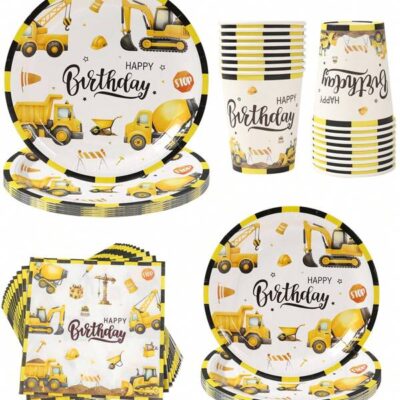 40pcs/Set Engineering Vehicle Theme Tableware Set, Engineering Vehicle Birthday Party Tableware Decorations, Engineering Vehicle Theme Party Disposable Food Containers