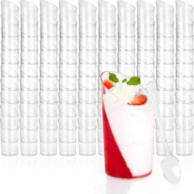 10/20/50/100 2.5 Oz/75 Ml Dessert Cups With Spoons - Clear Reusable Small For Cheesecake Shooters, Chocolate Mousse, Parfait - Party & Catering Supplies - Slanted |