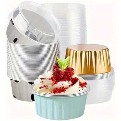 Mini Baking Tray With Lid - Disposable Aluminum Foil Square Cup, Suitable For Cupcakes, Brownies, Muffins And Desserts - Perfect For Weddings, Parties And Kitchens, Essential For Kitchen Baking | Modern Kitchenware | Ribbed Texture Cup |