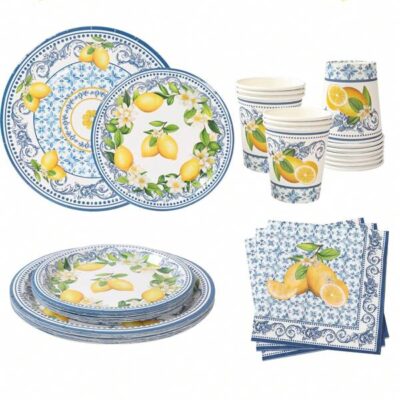 40pcs/Set Lemon Theme Party Decorative Disposable Tableware, Lemon Theme Birthday Party Supplies Tableware, Congratulations On Birthday Summer Theme Table Plate Set Decoration, Summer Theme Party Decoration Disposable Tableware, Summer Decoration, Lemon Theme Party Favor Disposable Food Container, Includes 8pcs 7inch Disposable Plates & 8pcs 9inch Disposable Paper Plates & 8pcs Paper Cups & 16pcs Napkins |