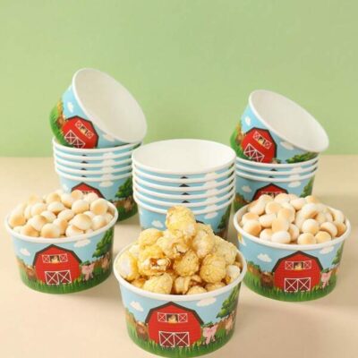10pcs 8oz Red House Farm Animal Pattern Disposable Paper Bowl, Ice Cream Cups, Popcorn Box, Food Containers, For Home Kitchen Restaurant Takeaway Picnic Party, Kitchen Supplies, Food Packaging Stuff, Farm Animal Theme Birthday Party Tableware, Food Delivery And Daily Use, Food Tray,Disposable Tableware |