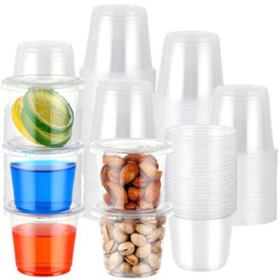 Set Of 100 5.5 Oz Plastic Cups With Lids, Small Stackable Clear Plastic Containers, Airtight Condiment Cups, Mini Pantry For Sauces, Salad Dressings And Portion Control, Back-To-School Season, Condiment Cups For Lunches, Picnics, And Travel, Perfect Halloween Candy, Christmas Food Convenient Storage Containers