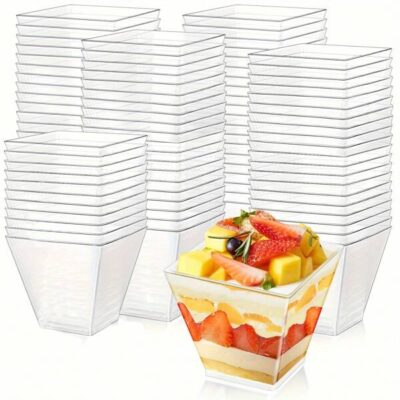 10/25/50//100/200Pcs,2oz/60ML Mini Plastic Dessert Cups With Spoons Small Square Glitter Clear Banana Pudding Cups Serving Tasting Bowls For Appetizer Birthday Wedding Party Gold And Transparent |