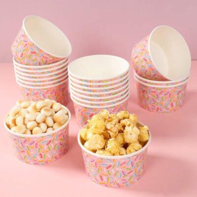 10pcs 8oz Colourful Candy Pattern Disposable Paper Bowl, Ice Cream Cups, Popcorn Box, Food Containers, For Home Kitchen Restaurant Takeaway Picnic Party, Kitchen Supplies, Food Packaging Stuff, Candy Theme Birthday Party Tableware, Food Delivery And Daily Use, Food Tray,Disposable Tableware |