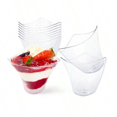 25Pcs/50Pcs 100ml Twist Corner Plastic Transparent Dessert Cups, Reusable For Pudding, Fruit, Cake, Suitable For Birthday Party, Wedding, Graduation Party |