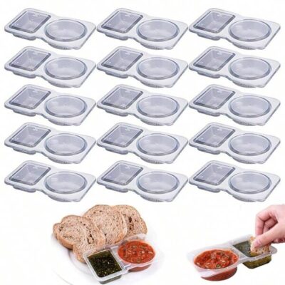 15pcs Disposable Two- Compartment Sauce Box Small Seasoning Cup Soup Bowl With Lid Chili Oil Dipping Sauce Portable Seasoning Box |