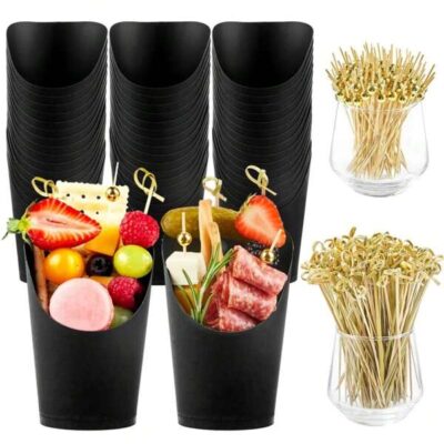 250pcs/50 Pcs -Charcuterie Cups With Skewers,14 0z PaperSnack Appetizer Cups With Cocktail Picks. French FryHolder Brown Kraft, Disposable Popcorn Boxes Cones, Party Board Favor(50 Cups + 200 Sticks)