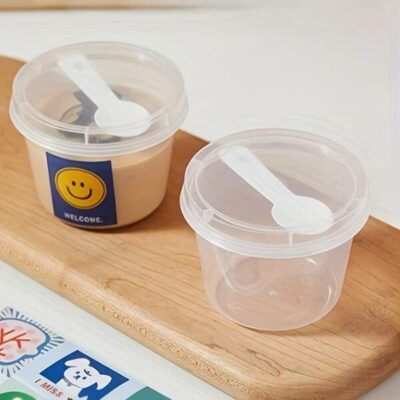 [25 Reusable Cups] 25 Leak Proof Reusable Plastic Cups With Lids And Spoons | , Suitable For Cakes, Puddings, Desserts, Hot And Cold Drinks | Ideal For Parties, Takeaways And On-The-Go, Party Essentials, Fun Cup Design, Durable Plastic |