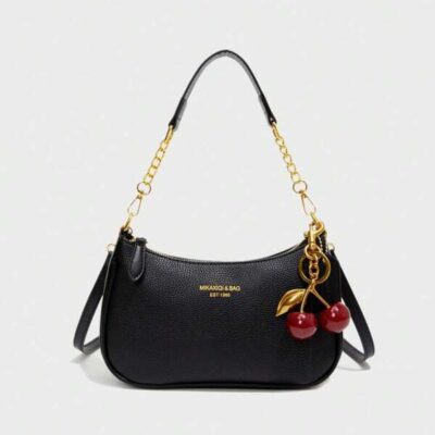 New Fashion Classic Wild Letter Pattern Decoration Design Solid Color Pu Waterproof Fabric Shoulder Bag Crescent Bag Underarm Bag Suitable For Shopping, Can Be Slung. With Cherry Pendant Decoration, Summer Crescent Bag, Seaside Holiday, School Season, Ladies Purse.