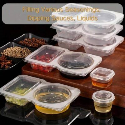 5/10pcs Portable Double Compartment Condiment Containers - Reusable Sauce & Dip Serving Bowls For Travel, Snacks, And Meal Prep (Clear), Dipping Sauce Cups