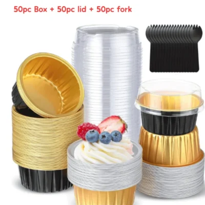 150 Piece Mini Aluminum Cake Tin Bowls With Lids And Spoons, Chemical-Free Non-Stick Baking Tins, Pudding Cups Caramel Brulee Dessert Cakes And Tarts, Reusable And Stackable Bread Bowls For Oven, Air Fryer, And Grill - Bread, Container With Utensils For Baking And Serving |