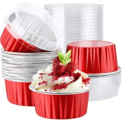 20/50 Pieces Red Aluminum Foil Baking Cups With Lids,Disposable Aluminum Foil Ramekins Muffin Tin,5oz Tin Cups Containers For Cupcake,Pudding,Muffin,Foil Ramekins For Party Birthday Wedding Valentines |