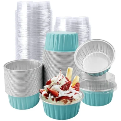 20/50 Pieces Light Blue Aluminum Foil Baking Cups With Lids,Disposable Aluminum Foil Ramekins Muffin Tin,5oz Tin Cups Containers For Cupcake,Pudding,Muffin,Foil Ramekins For Party Birthday Wedding Valentines |