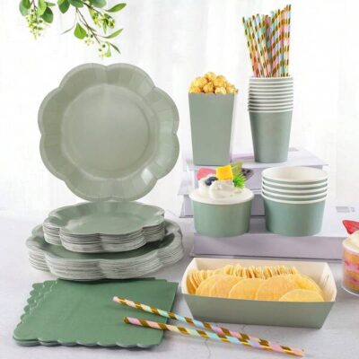 Sage Green Octagonal Petal Disposable Plates, Napkins, Cups, Popcorn Boxes, Food Containers, Straws Set, Party Supplies, Suitable For 24 Guests, Disposable Paper Plate Party Tableware Set For Birthday, Wedding, Party, Family Picnic |