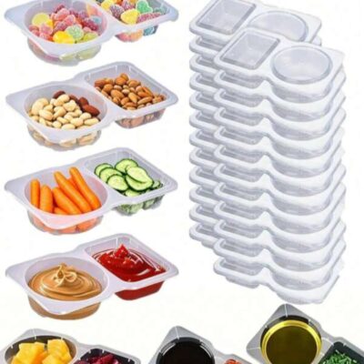 20 Piece /15 Piece/5 Piece/2 PiecePortable Dual Compartment Condiment Container - Reusable Plastic Sauce And Dip Serving Tray For Travel, Snack And Meal Preparation (Clear), Dipping Cups |
