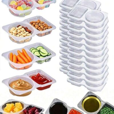 5 Pieces Portable Dual Compartment Condiment Container - Reusable Plastic Sauce And Dip Serving Tray For Travel, Snack And Meal Preparation (Clear), Dipping Cups |