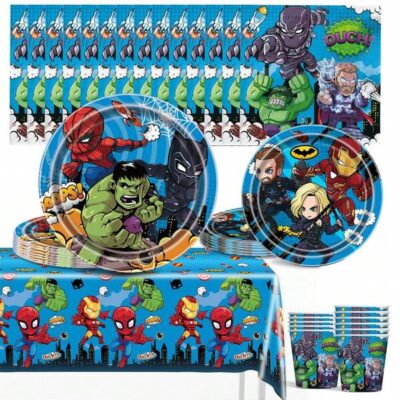 Takara Tomy 51 Pieces/ Heroes Themed Party Dinnerware Set For 10 People, Birthday Party Disposable Cutlery, Plates, Cups, Tissues. Holiday Decoration Supplies, Suitable For Camping, Picnics, Yard Barbecues, Holiday Party Scene Decoration Supplies