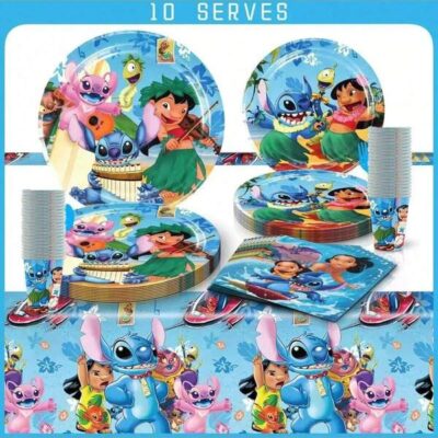 Disney 52 Pieces Disney Stitchy Themed Party Cutlery Set For 10 People, Birthday Party Disposable Cutlery, Plates, Cups, Paper Towels. Festive Decoration Supplies, Suitable For Camping, Picnics, Courtyard Barbecues, Holiday Party Site Decoration Supplies |