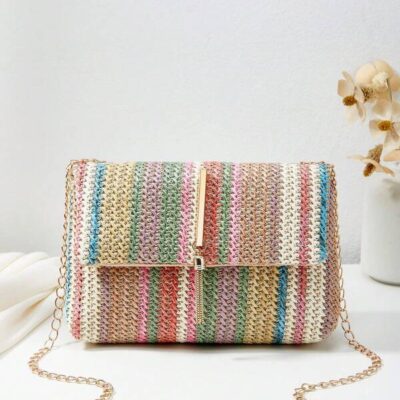 1pc Colorful Contrast Woven Magnetic Closure Bohemian Style Luxury Niche Shoulder Square Bag For Women