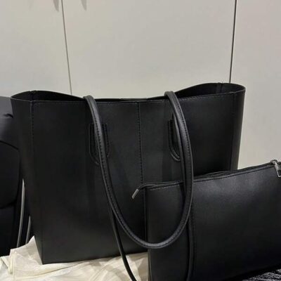 2pcs Women Black Quilted Lining Shoulder Tote Bag, Fashion Large Capacity Combination Handbag With Snap Closure, Casual Street Style For Daily Commute