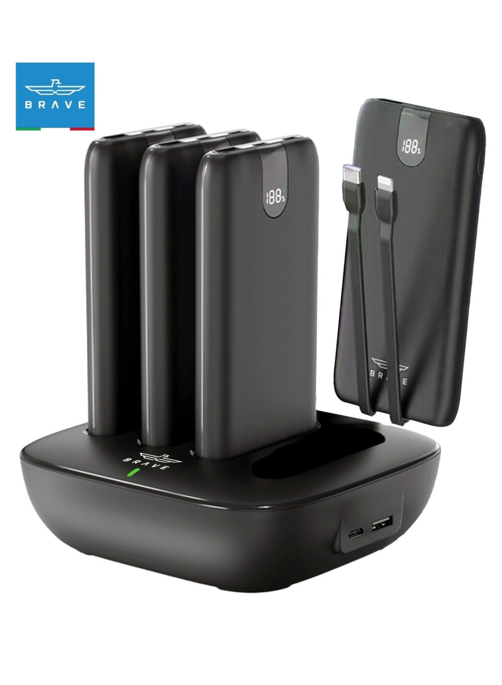 Brave 4-in-1 Portable Power Bank Station, Slim and Compact, 10,000mAh Each with Built-in 20W PD Lightning & 22.5W Type-C Cables, Dual USB-C & USB-A Outputs, LED Digital Display, PD Fast Charging for iPhone 16/16 Pro Max/Plus, 15, 14, 13, Samsung Galaxy S25, S24, S23, S22, with Common Charging Dock for Home, Cafe, Office, Hotel, Restaurant and More, Includes 45W Type-C Wall Charger