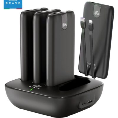 Brave 4-in-1 Portable Power Bank Station, Slim and Compact, 10,000mAh Each with Built-in 20W PD Lightning & 22.5W Type-C Cables, Dual USB-C & USB-A Outputs, LED Digital Display, PD Fast Charging for iPhone 16/16 Pro Max/Plus, 15, 14, 13, Samsung Galaxy S25, S24, S23, S22, with Common Charging Dock for Home, Cafe, Office, Hotel, Restaurant and More, Includes 45W Type-C Wall Charger
