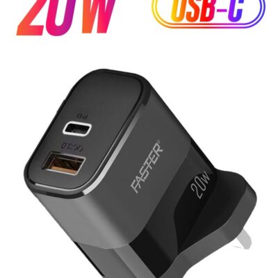 Faster 20W QC 3.0 Dual Port Fast Charger - Compact Wall Adapter for iPhone and Android, Laptop, Macbook - 20 Watt PD Charger Block for Mobile Phone, Portable and Fast Charging with 1 USB-C and 1 USB-A Ports