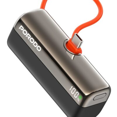 porodo Pocket Volt 5000mAh Power Bank with Built-in USB-C Connector / Compact Design / Reliable Powerbank 5000 mAh / Portable Device Charger / USB-C Fast Charging / Pocket-Sized Power Bank - Black