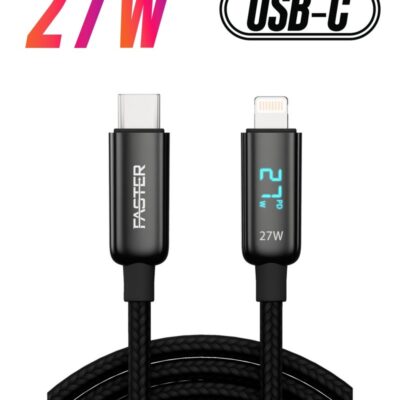 Faster 27W USB-C to Lightning Fast Charging Cable 1 Meter with LED Display - Lightning Cable for iPhone - Braided Long Charger Cable for PD Fast Charging - Durable and Fast Data Cable