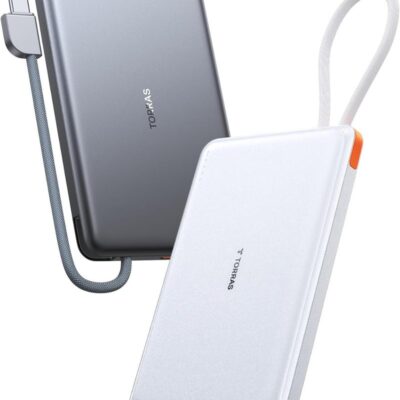 TORRAS 10000 mAh PebbleLink Power Bank with Built-in USB-C Cable, Ultra-Slim Portable Charger USB C, 22.5W Fast Charging Battery Pack for iPhone 16/15/Samsung S24 Ultra/Android, (No-Wireless) - Glacier Grey