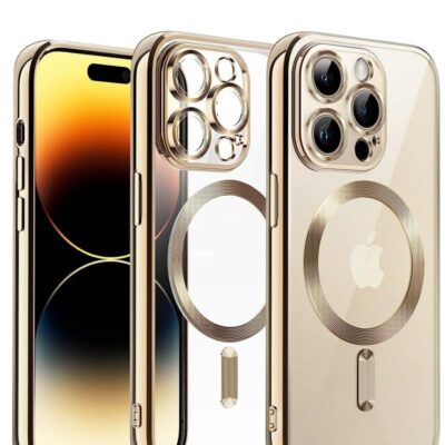 Vitacelli Magnetic Electroplating Frame Magsafe Wireless Charging Case for Apple iPhone 14 Pro Max Gold/Clear Gold/Clear
