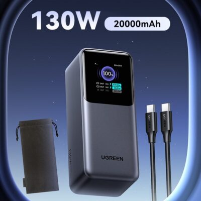 Ugreen 20000 mAh Power Bank Total 130W Output Laptop Portable Charger （72Wh） 2C1A iPhone Battery Pack With Smart Screen Display Compatible With Macbook Lenovo Dell Huawei iPad iPhone Samsung Xiaomi Steam Deck - Grey